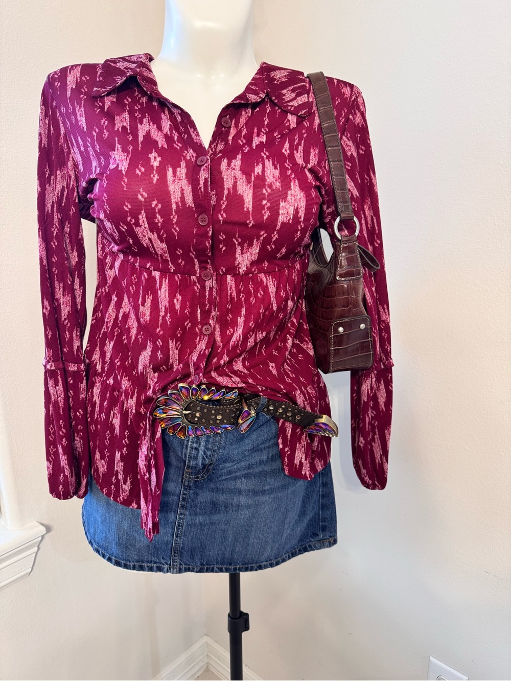 Style & Co. Deep Magenta Printed Button-Down Shirt